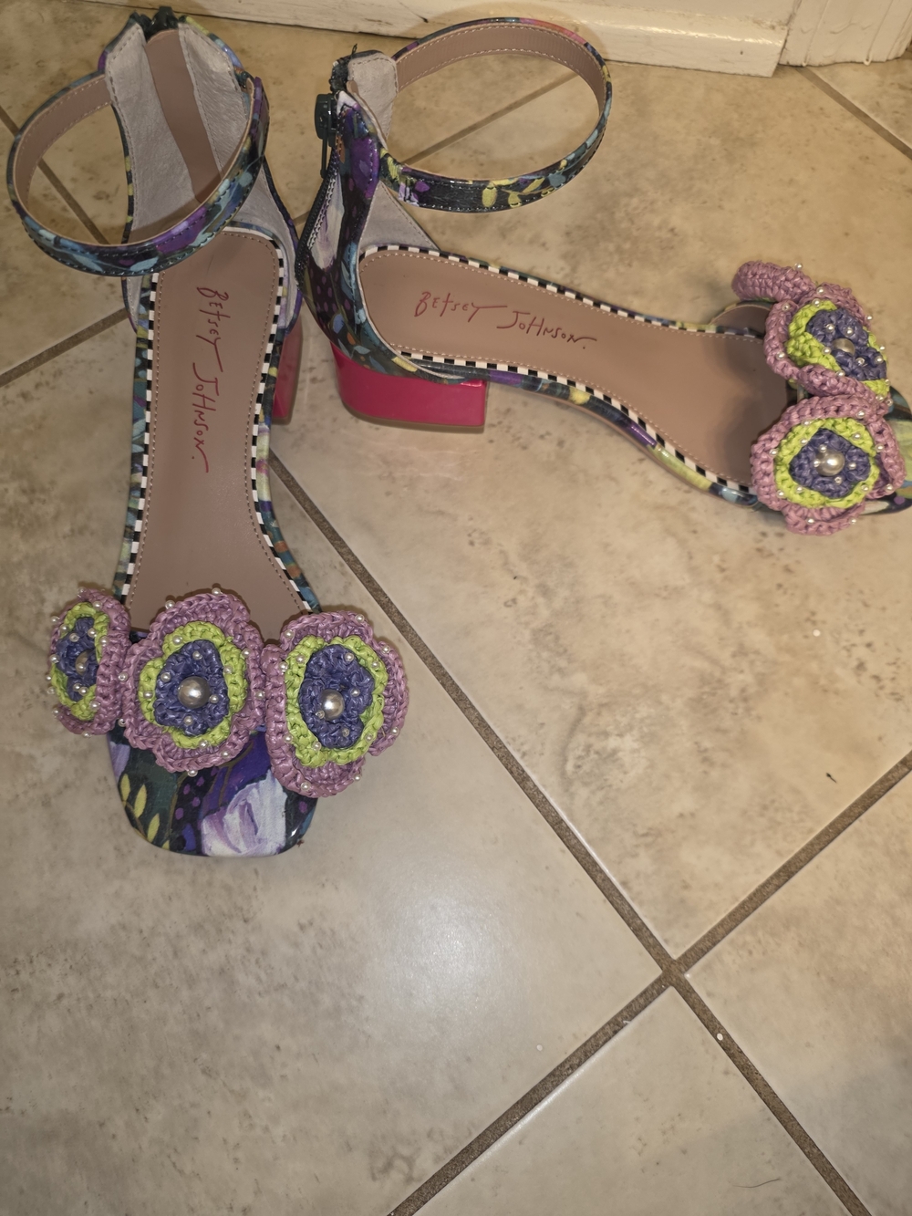 Betsey Johnson Floral Multicolor Block Heel Sandals with Crochet Flowers